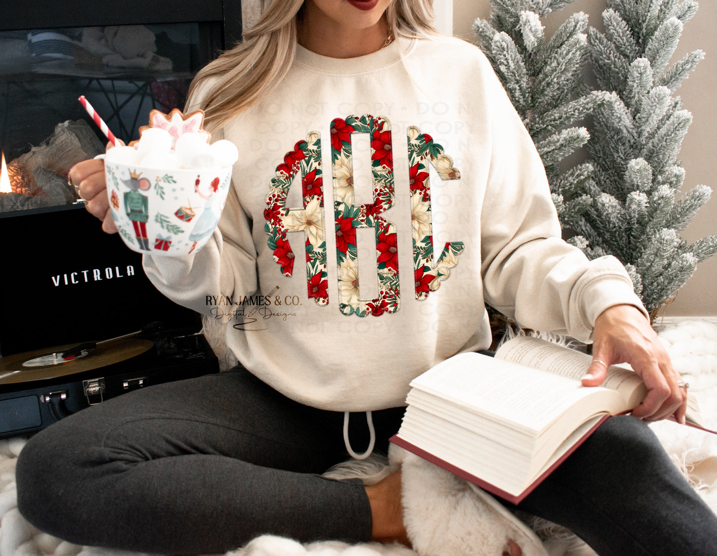 Christmas Floral Faux Embroidery Monogram Set