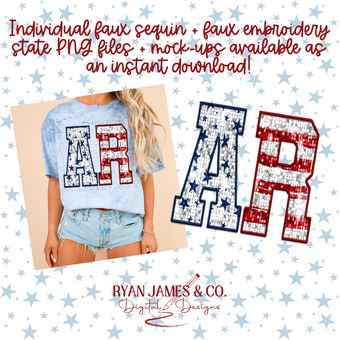 Individual Faux Sequin + Faux Embroidery Patriotic States