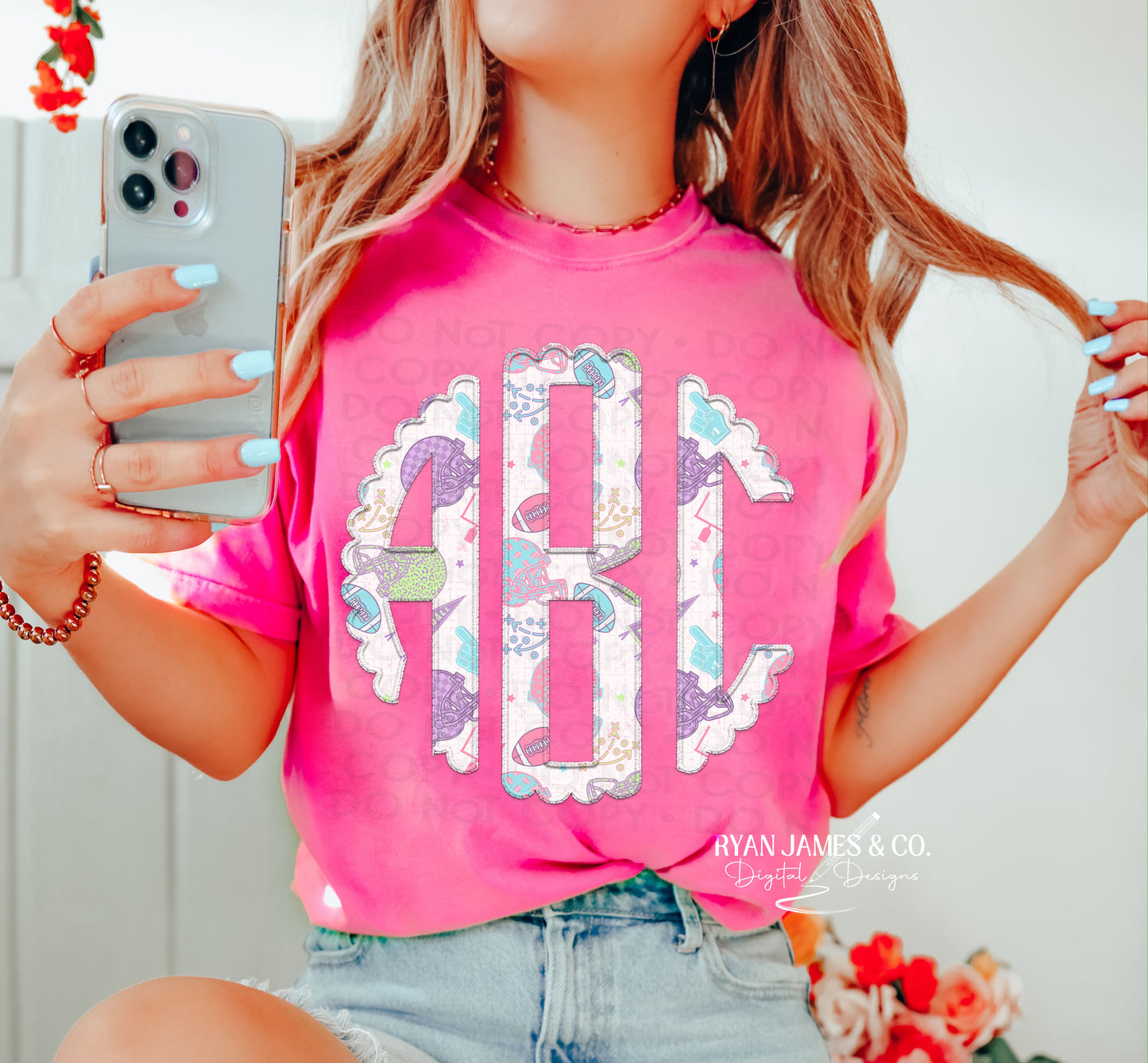 Preppy Football Faux Embroidery Monogram Set